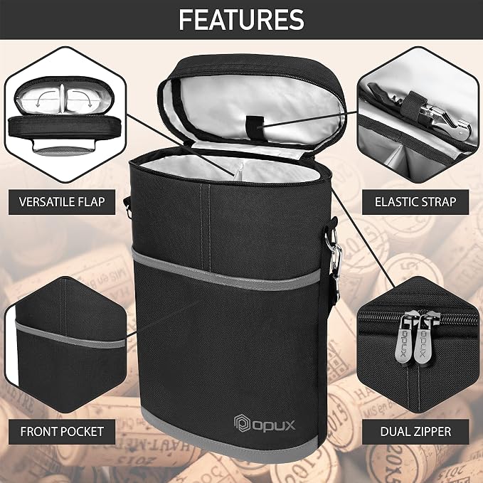 OPUX 2 Bottle Wine Carrier Tote, Insulated Leakproof Wine Cooler Bag, Wine - Image 4
