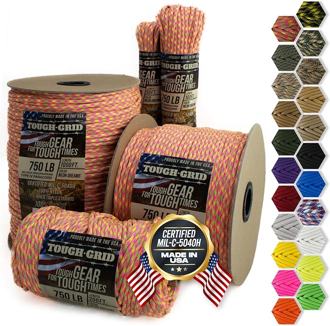 TOUGH-GRID 750 Paracord Rope Nylon Parachute Cord, Made in USA Survival Kit by TOUGH-GRID