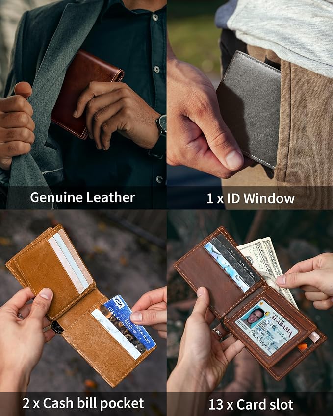 Mens Wallet Bifold Genuine Leather RFID Blocking Wallet - Image 3