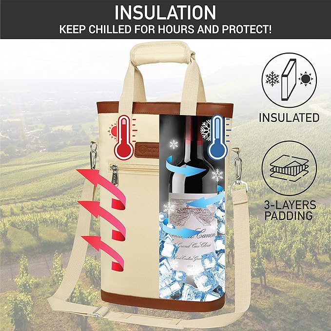 opux Two Bottle Wine Bag Carrier Tote, Insulated Leakproof 2 Bottle Wine Cooler - Image 3