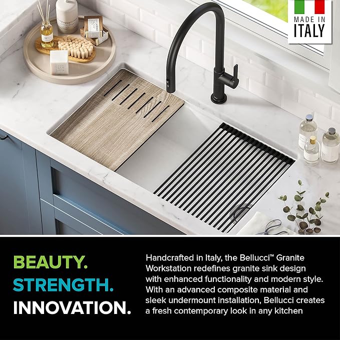 KRAUS Kitchen Sink Bellucci 32” Undermount Workstation Granite, Metallic White - Image 4