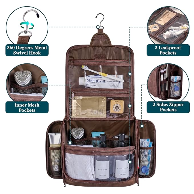 PAVILIA Large Hanging Toiletry Bag Travel Bag Women Men, PU Leather Cosmetic - Image 3