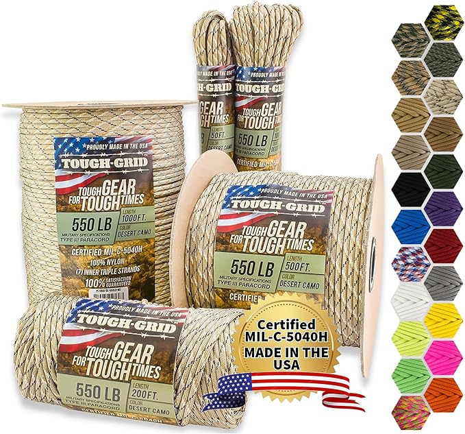 TOUGH-GRID 550 Paracord Rope Nylon Parachute Cord, Made in USA Survival Kit by TOUGH-GRID