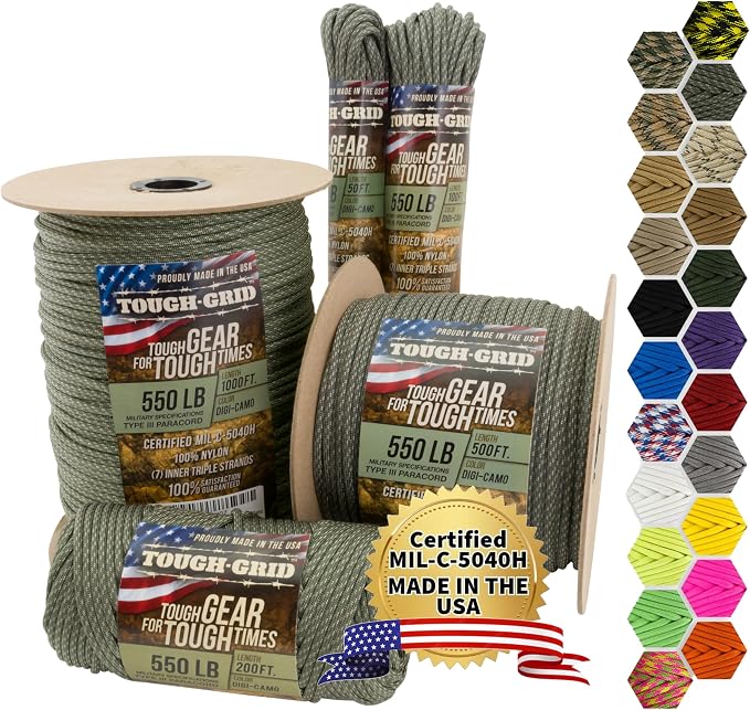 TOUGH-GRID 550 Paracord Rope Nylon Parachute Cord, Made in USA Survival Kit by TOUGH-GRID