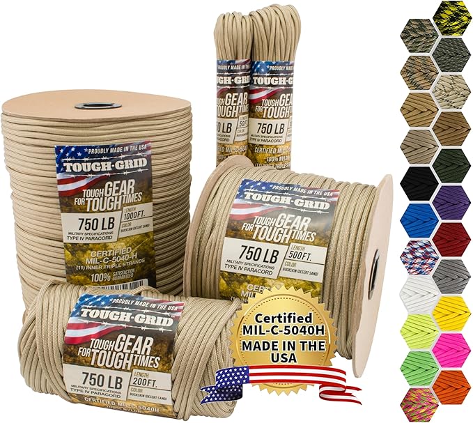 TOUGH-GRID 750 Paracord Rope Nylon Parachute Cord, Made in USA Survival Kit by TOUGH-GRID