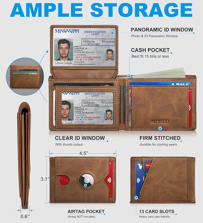 Airtag Wallet for Men, with Cash Pocket 2 ID Window 13 Cards, Slim Leather - Image 2