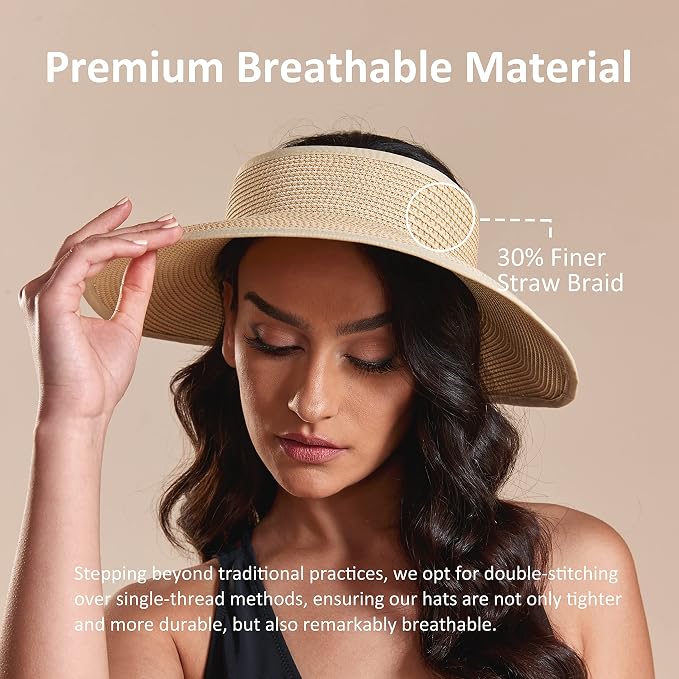 Joywant Womens Sun Visor Hats, Packable Wide Brim Ponytail Beach Hat Straw - Image 6