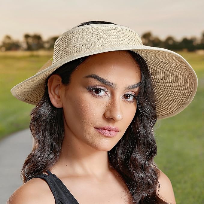 Joywant Womens Sun Visor Hats, Packable Wide Brim Ponytail Beach Hat Straw - Image 9