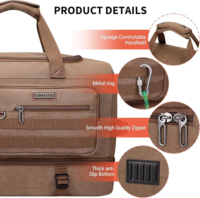 WITZMAN Duffle Bag for Men 50L Canvas Weekender Overnight Bag - Image 6