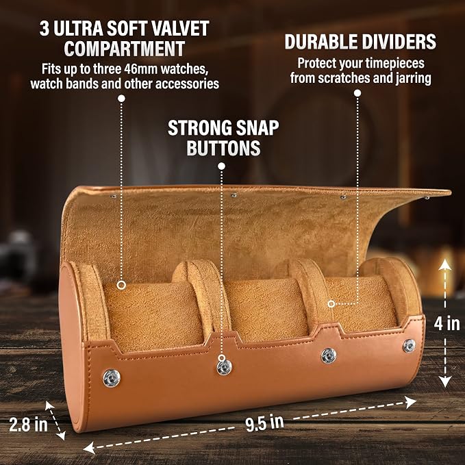 Barton Leather Watch Roll for 3 Watches | Convenient Organizer Case for Travel - Image 3