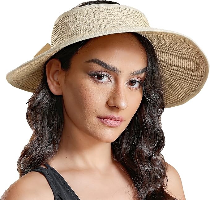 Joywant Womens Sun Visor Hats, Packable Wide Brim Ponytail Beach Hat Straw by Joywant