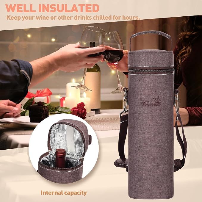 Tirrinia Single Bottle Wine Gift Carrier Bag, Insulated Travel Wine Cooler Tote - Image 4