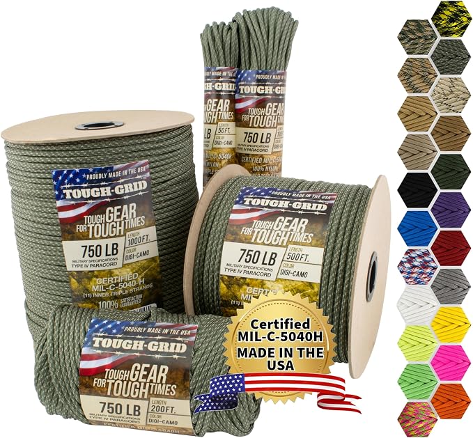 TOUGH-GRID 750 Paracord Rope Nylon Parachute Cord, Made in USA Survival Kit by TOUGH-GRID