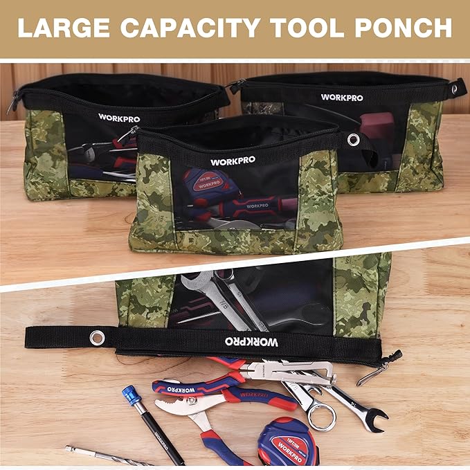 WORKPRO 12" Tool Pouches with Zipper, Heavy-Duty Small Tool Bag, Utility Small - Image 3
