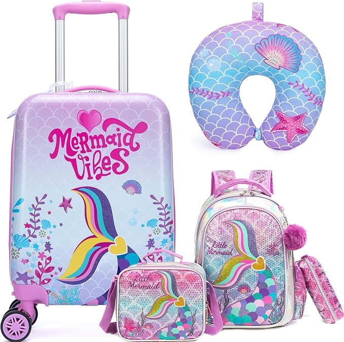 Cute Pink Mermaid Kid’s Luggage Set 5 Piece Suitcase Set 16’’ Hardside Luggage by Unknown