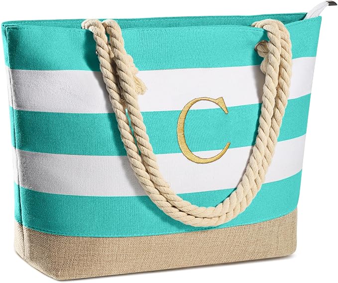 YOOLIFE Initial Canvas Waterproof Beach Tote Bag Zipper Personalized Gifts by YOOLIFE