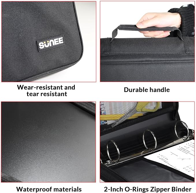 SUNEE Zippered Binder Bag with Handle, 2-Inch 3-Ring O-Ring, 500-Sheet Capacity - Image 5
