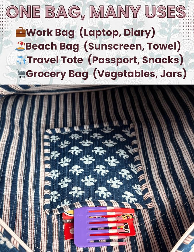 Cotton Quilted Tote Bag for Women – Large Beach & Travel Tote - Image 6