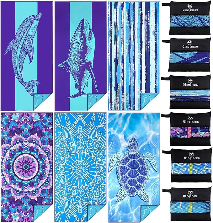 6 Pack Microfiber Oversized Lightweight Beach Towel 71x32 Extra Thin Large Sand by Qinqinamu