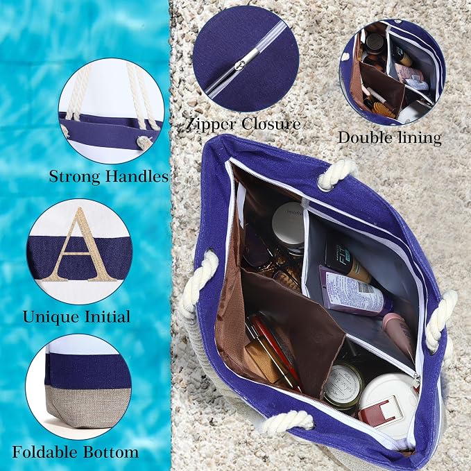 YOOLIFE Initial Canvas Waterproof Beach Tote Bag Zipper Personalized Gifts - Image 6