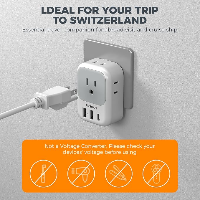 Switzerland Power Adapter 2 Pack, TESSAN Type J Adaptor - Image 6