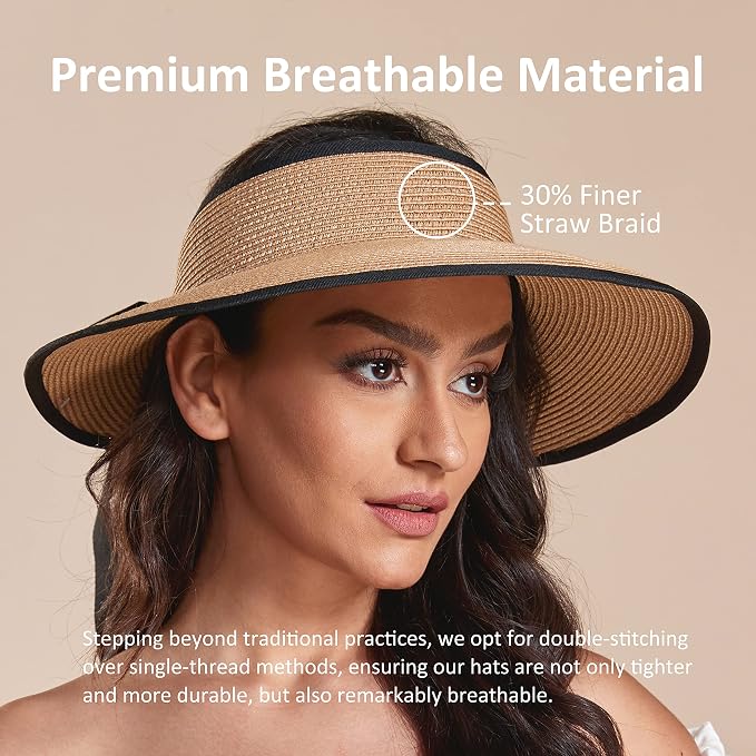 Joywant Womens Sun Visor Hats, Packable Wide Brim Ponytail Beach Hat Straw - Image 6