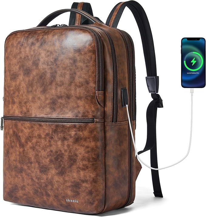 Vegan Leather Laptop Backpack for Women&Men, 16 Inch Expandable Backpack by Shrrie