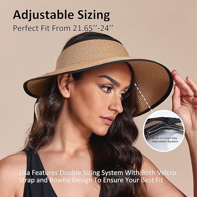 Joywant Womens Sun Visor Hats, Packable Wide Brim Ponytail Beach Hat Straw - Image 4