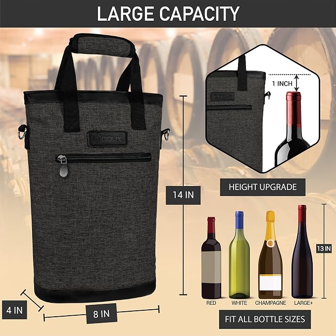 opux Two Bottle Wine Bag Carrier Tote, Insulated Leakproof 2 Bottle Wine Cooler - Image 4