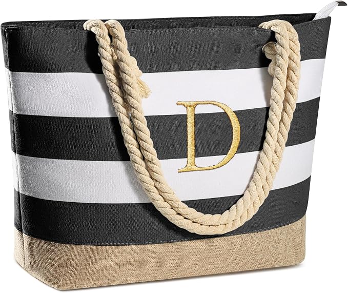 YOOLIFE Initial Canvas Waterproof Beach Tote Bag Zipper Personalized Gifts by YOOLIFE