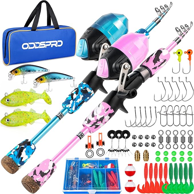ODDSPRO Kids Fishing Pole Pink, Portable Telescopic Fishing Rod and Reel Combo by ODDSPRO