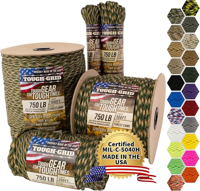 TOUGH-GRID 750 Paracord Rope Nylon Parachute Cord, Made in USA Survival Kit by TOUGH-GRID
