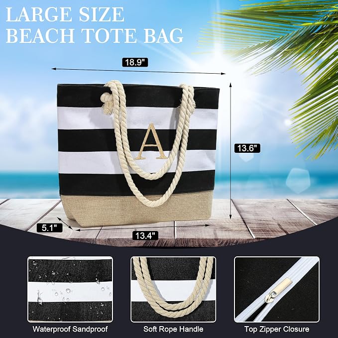 YOOLIFE Initial Canvas Waterproof Beach Tote Bag Zipper Personalized Gifts - Image 6