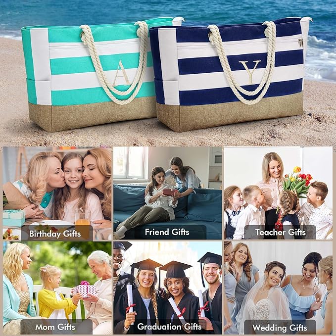 YOOLIFE Large Initial Beach Bag Waterproof Tote Zipper Bag Personalized Gifts - Image 6