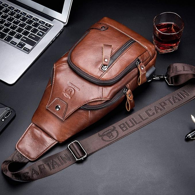 BULLCAPTAIN Leather Sling Bag Mens Chest Bag Casual Shoulder Crossbody Bags - Image 5