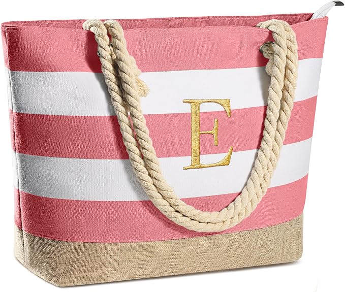 YOOLIFE Initial Canvas Waterproof Beach Tote Bag Zipper Personalized Gifts by YOOLIFE