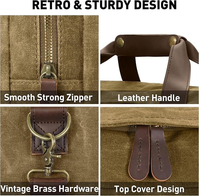 60L Travel Bags for Men, Nomad Washed Canvas Duffle Bag Vintage Genuine Leather - Image 5