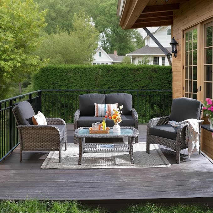 HOOOWOOO Patio Furniture Set, 4 Pieces Outdoor Conversation Set, All Weather by DesignforBetterLife
