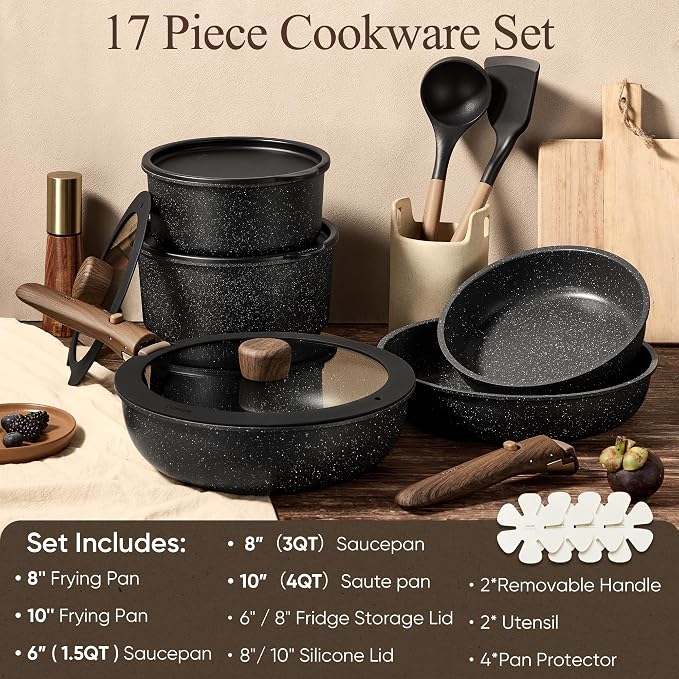 CAROTE 17pcs Pots and Pans Non Stick, Cookware Sets Detachable Handle, - Image 2