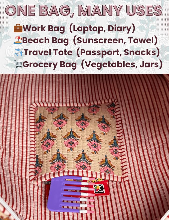 Cotton Quilted Tote Bag for Women – Large Beach & Travel Tote - Image 7