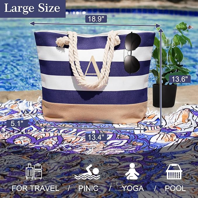 YOOLIFE Initial Canvas Waterproof Beach Tote Bag Zipper Personalized Gifts - Image 5