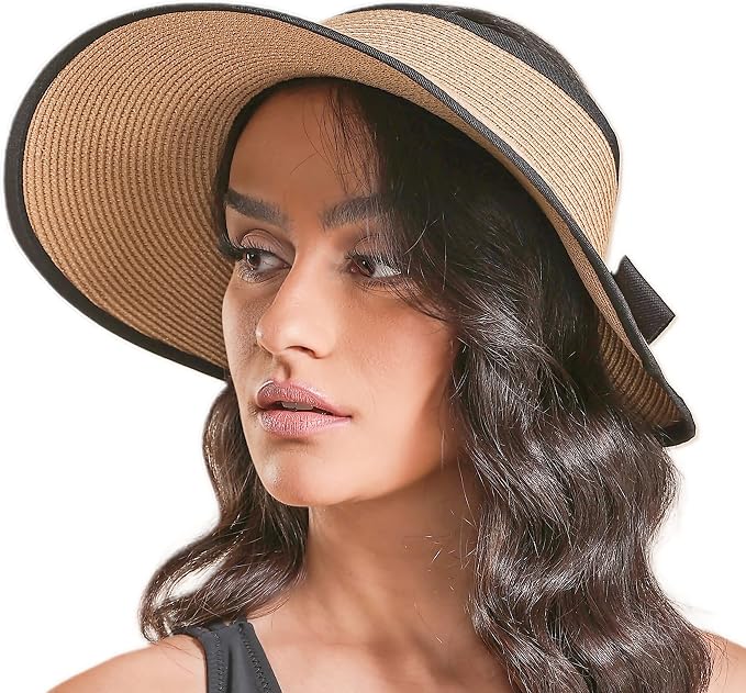 Joywant Womens Sun Visor Hats, Packable Wide Brim Ponytail Beach Hat Straw by Joywant