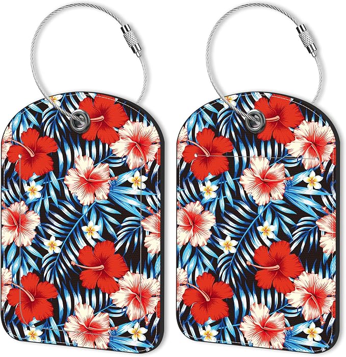 2 PCS Leather Luggage Tag for Suitcase Palm Leaves and Hibiscus Flower Travel by Unknown