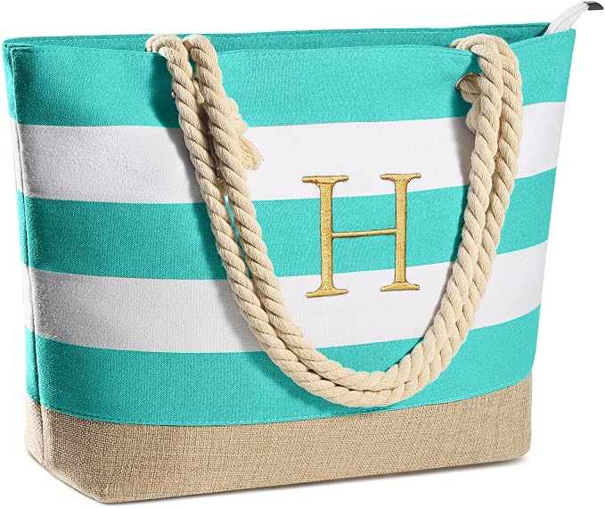 YOOLIFE Initial Canvas Waterproof Beach Tote Bag Zipper Personalized Gifts by YOOLIFE