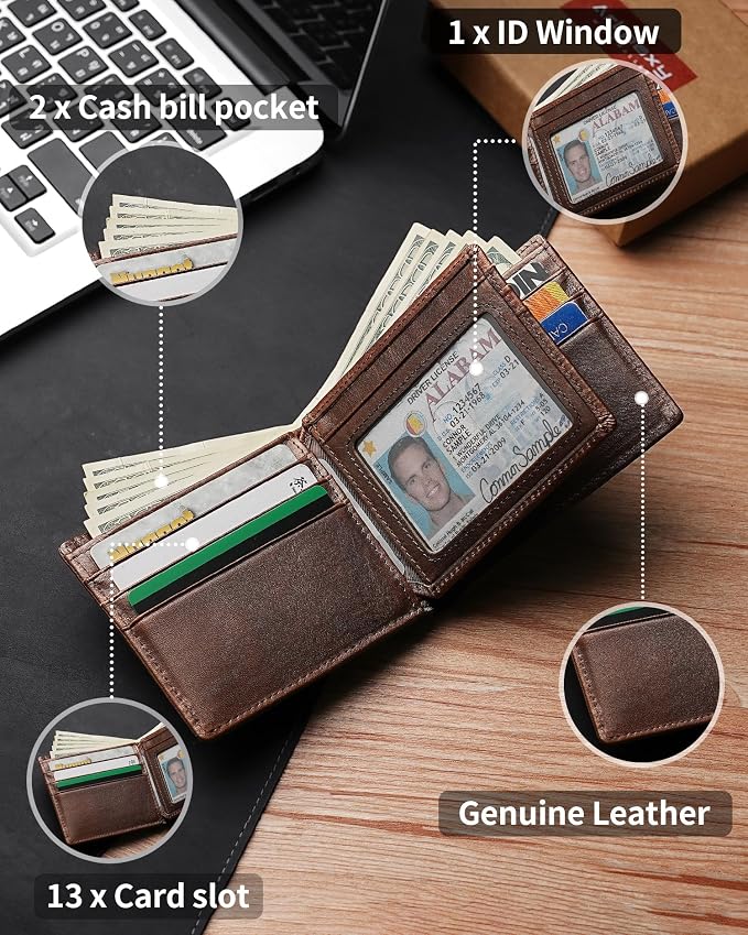 Mens Wallet Genuine Leather Bifold RFID Blocking Wallet - Image 5