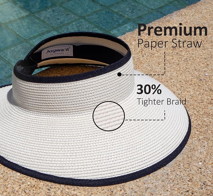Joywant Womens Sun Visor Hats, Packable Wide Brim Ponytail Beach Hat Straw - Image 4