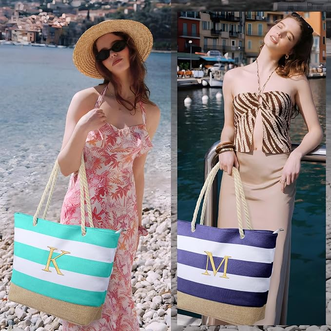 YOOLIFE Initial Canvas Waterproof Beach Tote Bag Zipper Personalized Gifts - Image 4