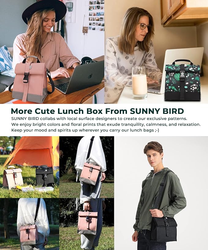 SUNNY BIRD Insulated Lunch Bag Rolltop Lunch Box Tote Bag - Image 6