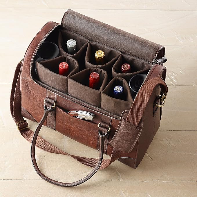 Wine Enthusiast 6-Bottle Leather Wine Tote Bag | Handcrafted Leather Wine - Image 3