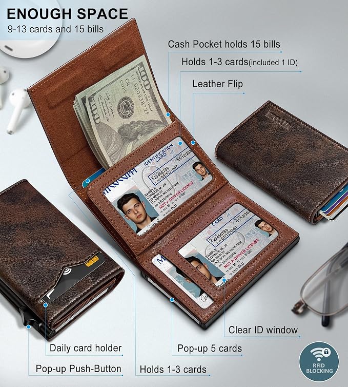 Wallet for Men, with Cash Pocket 2 ID Window 9-13 Cards, Metal Case Smart Slim - Image 2